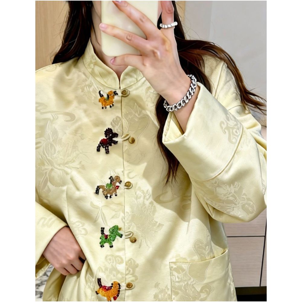 New Chinese style stand up collar button jacquard yellow shirt women s autumn and winter long sleeved jacquard high end feeling Chinese style super beautiful top image 3