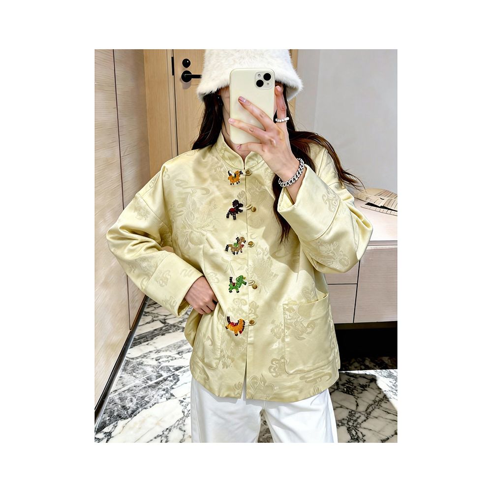 New Chinese style stand up collar button jacquard yellow shirt women s autumn and winter long sleeved jacquard high end feeling Chinese style super beautiful top image 0