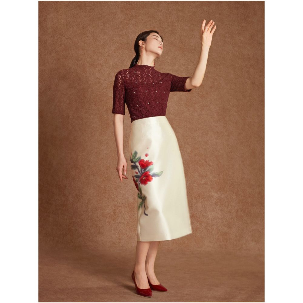 Painting screen on skirt pink and blue wardrobe 2026 spring outfit new Chinese style positioning floral embroidery straight tube skirt image 3