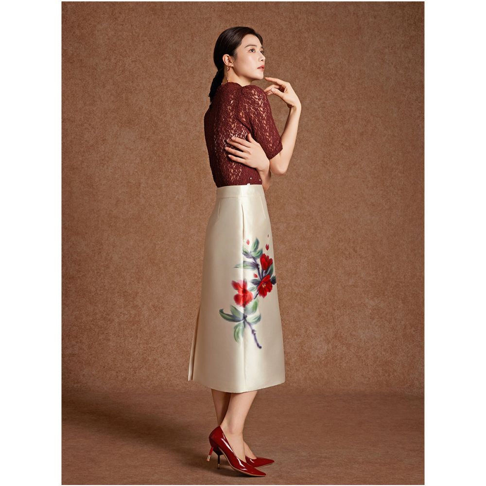 Painting screen on skirt pink and blue wardrobe 2026 spring outfit new Chinese style positioning floral embroidery straight tube skirt image 5