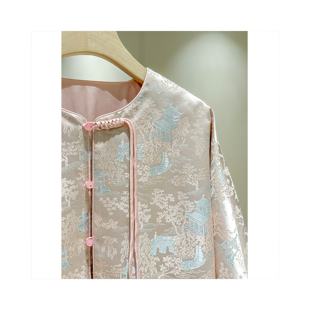 Gentle pink new Chinese style women s plus size jacket 2026 Spring and Autumn new round neck loose tassel button top image 3