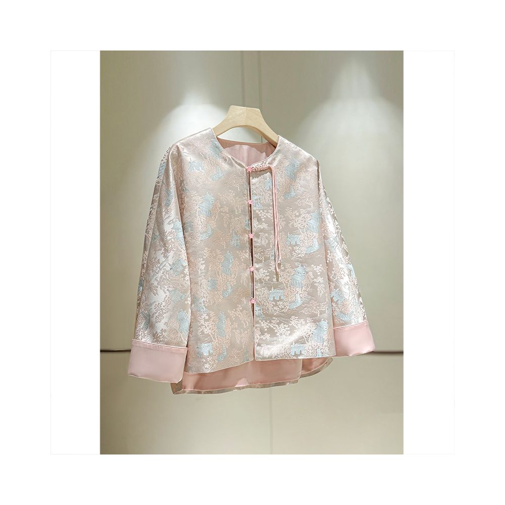Gentle pink new Chinese style women s plus size jacket 2026 Spring and Autumn new round neck loose tassel button top image 0