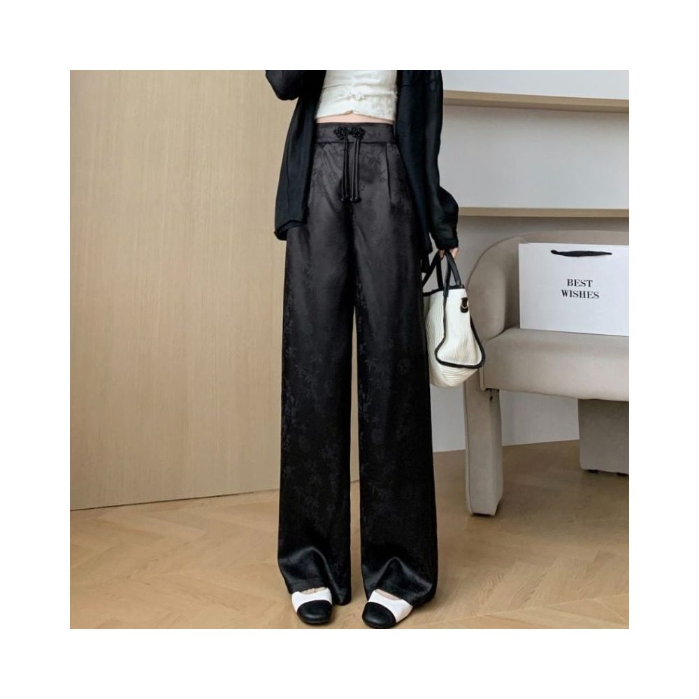 New Chinese style satin jacquard wide leg pants with button closure women s spring and summer new high waisted slimming and casual floor length pants image 2