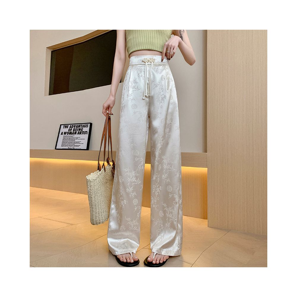 New Chinese style satin jacquard wide leg pants with button closure women s spring and summer new high waisted slimming and casual floor length pants image 3