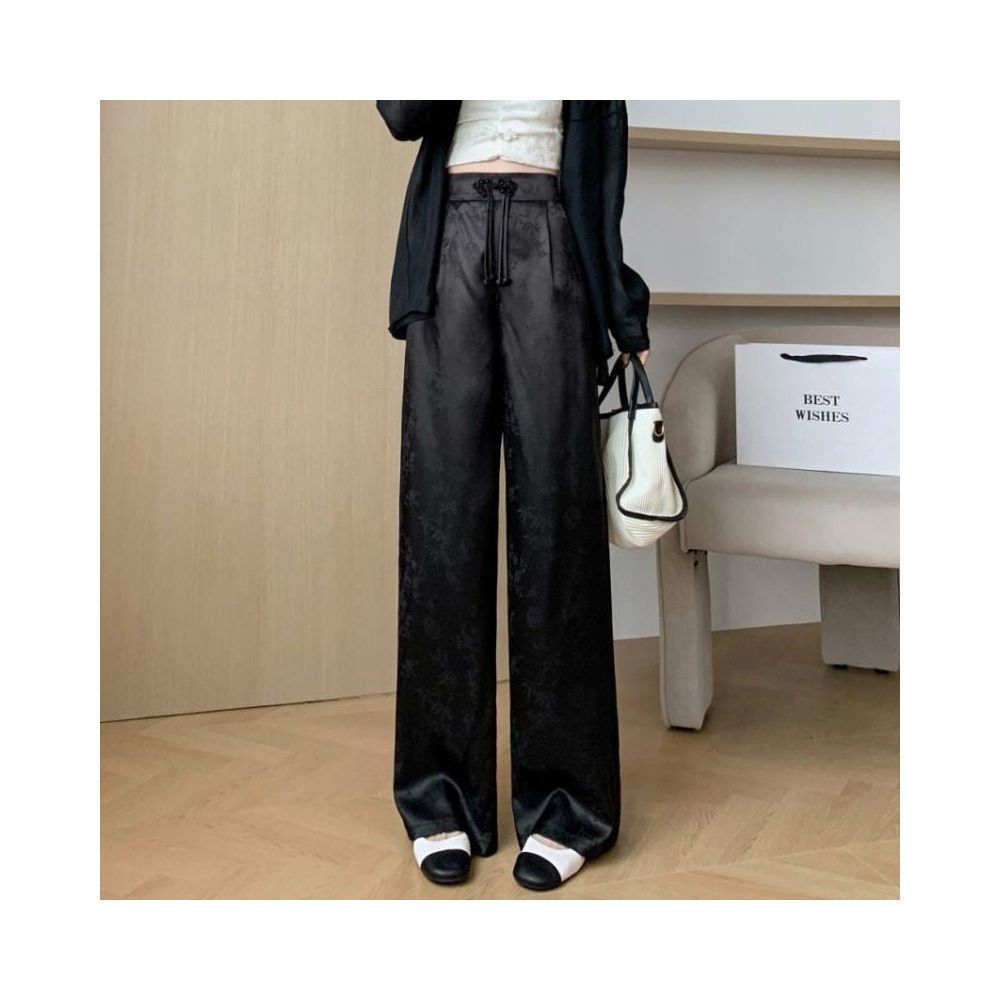 New Chinese style satin jacquard wide leg pants with button closure women s spring and summer new high waisted slimming and casual floor length pants image 4