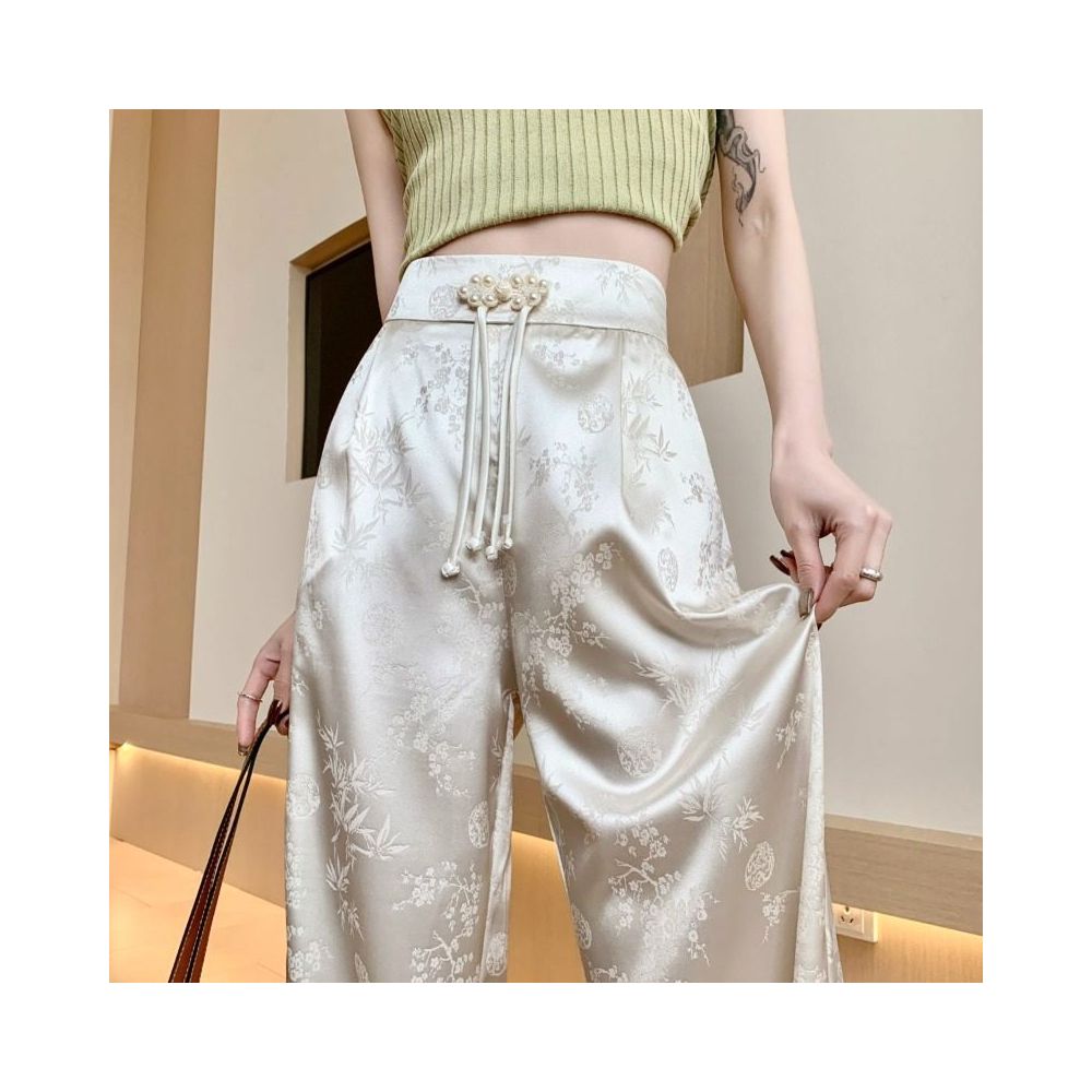New Chinese style satin jacquard wide leg pants with button closure women s spring and summer new high waisted slimming and casual floor length pants image 0