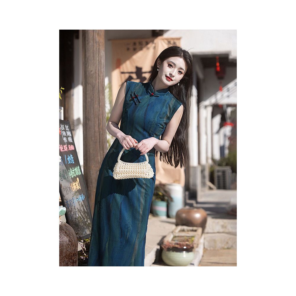 Simple Tailoring Old Time Tops Blue Sleeveless Cheongsam 2025 New Summer Style Republic of China New Chinese Style Women s image 1