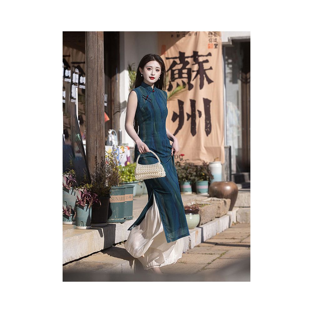 Simple Tailoring Old Time Tops Blue Sleeveless Cheongsam 2025 New Summer Style Republic of China New Chinese Style Women s image 2