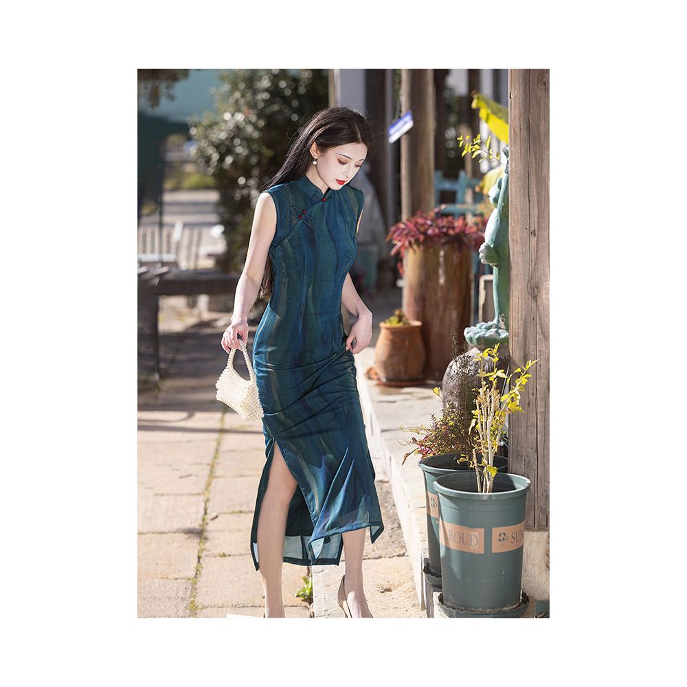 Simple Tailoring Old Time Tops Blue Sleeveless Cheongsam 2025 New Summer Style Republic of China New Chinese Style Women s image 3