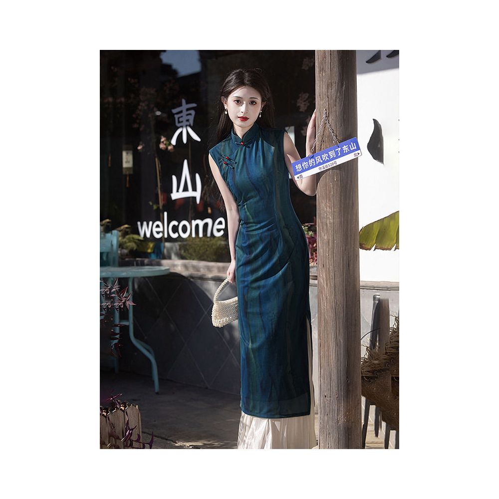 Simple Tailoring Old Time Tops Blue Sleeveless Cheongsam 2025 New Summer Style Republic of China New Chinese Style Women s image 4