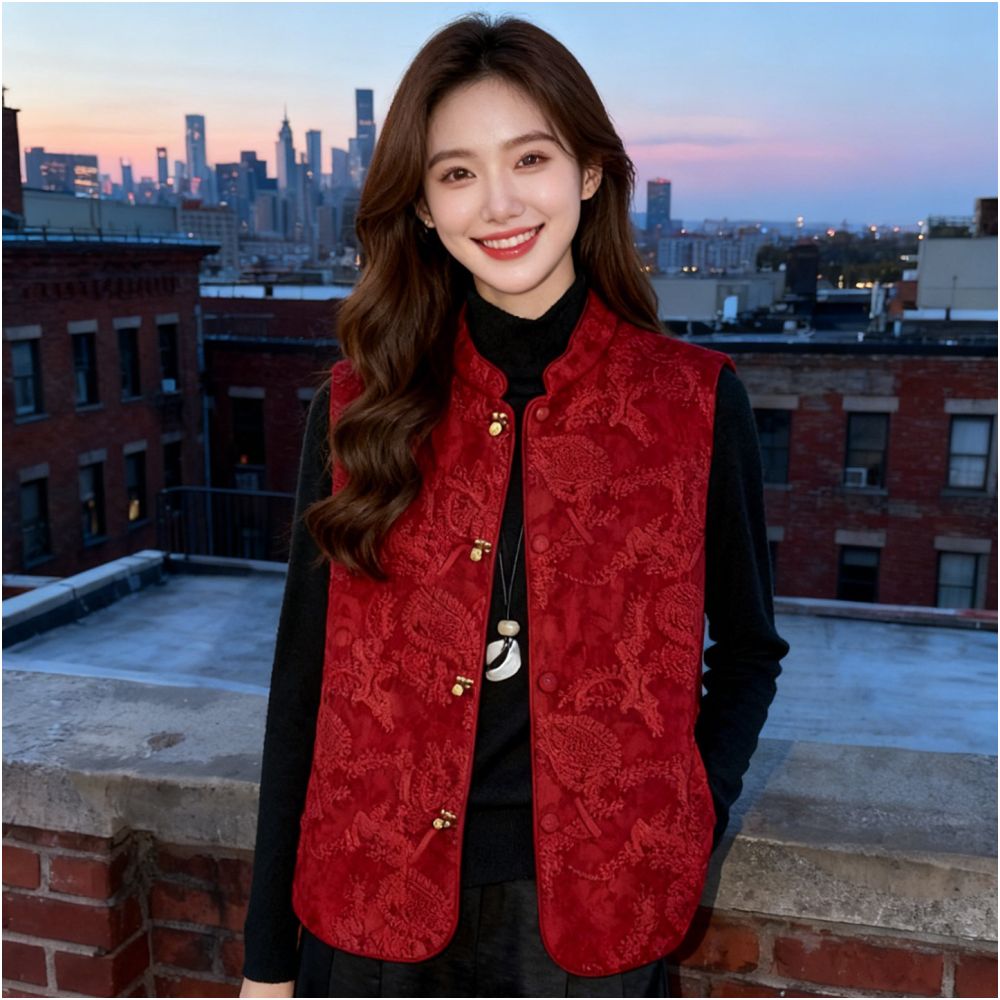 New Chinese style red heavy industry jacquard embroidery vest women s Chinese style temperament layered silhouette standing collar sleeveless jacket top image 1