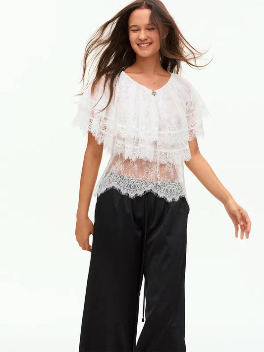 ASAYA7467 – Romantic Lace Ruffle Blouse 🖤🤍