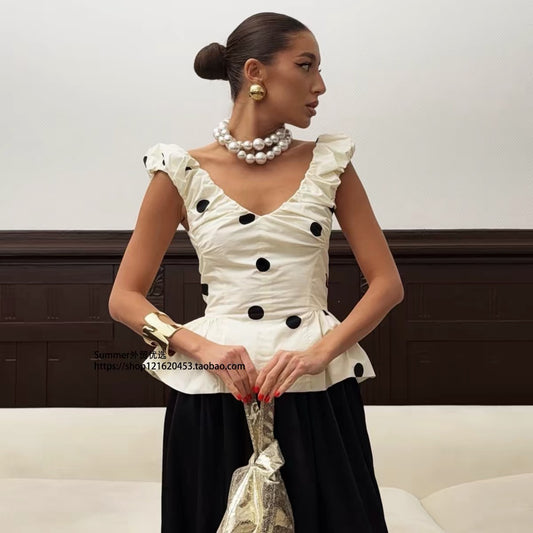 ASAYA7481 – Parisian Polka Ruffle Top 🖤🤍