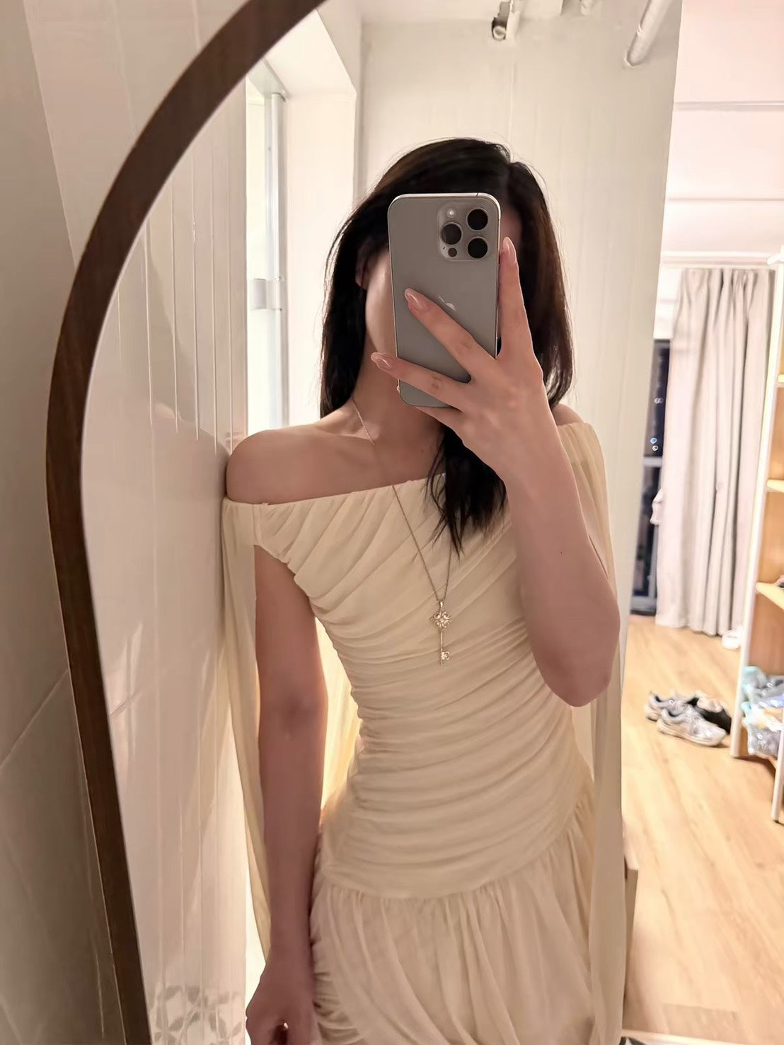 ASAYA7488 – Ivory Goddess Draped Mini Dress 🤍✨
