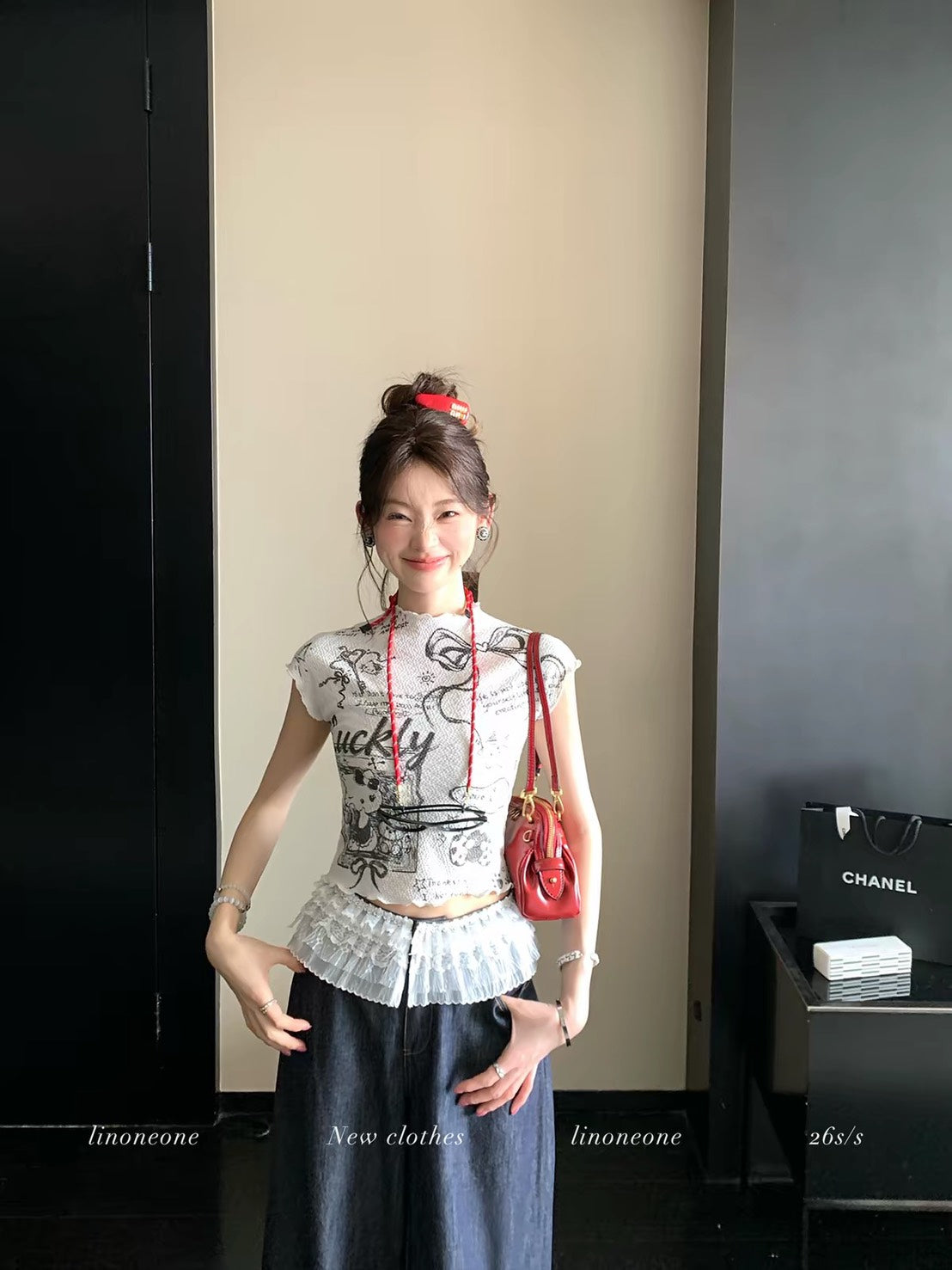 ASAYA7495 – Lucky Sketch Baby Tee & Lace Skirt 🎀🖤