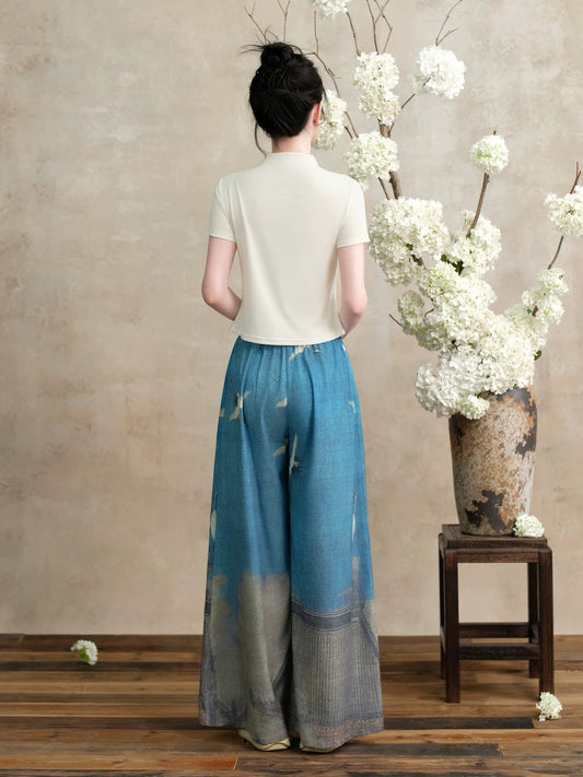 ASAYA4907 – Azure Crane Wide-Leg Pants 🌊🕊️