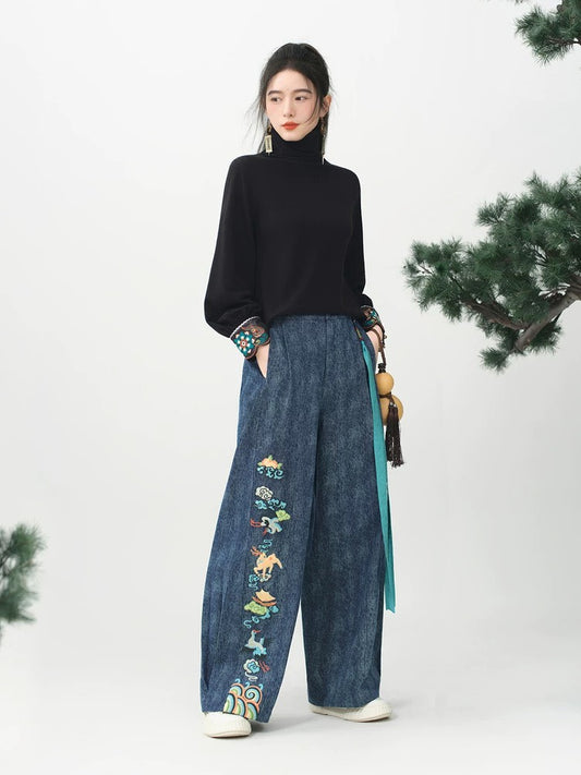 ASAYA4909 – Celestial Denim Wide-Leg Pants 🌌🐉✨